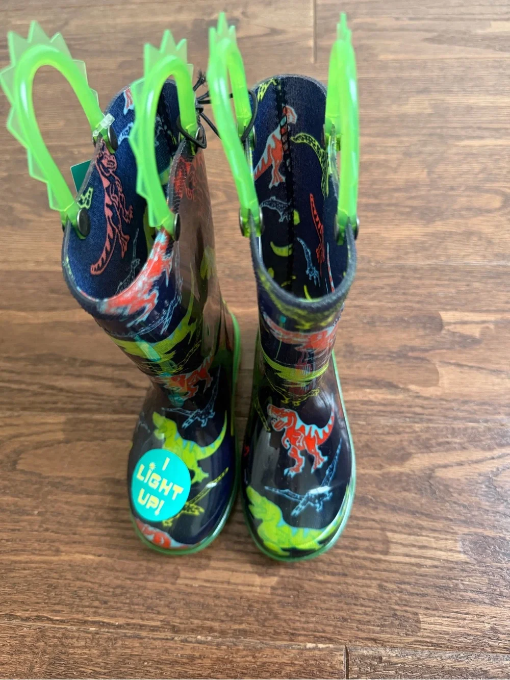 Kids' Navy Dinosaur Light-Up Rain Boots - Green Trim
